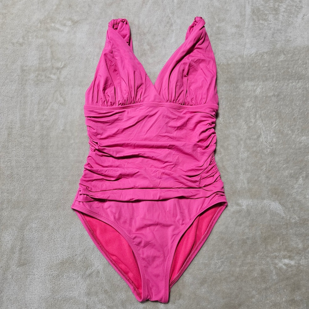 Liz Claiborne Pink Ruched V-Neck One Piece Swimsuit Tummy Control Size 6